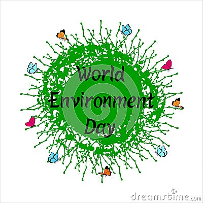 World Environment Day lettering phrase on Earth background with butterflies. Vector Illustration