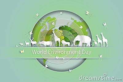 World environment Day, paper cut and origami craft style Cartoon Illustration