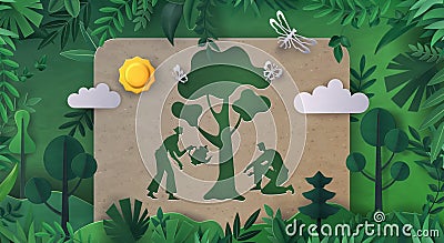 World environment. Green plant. Nature and ecology conservation. Origami foliage and craft paper silhouette carving Vector Illustration