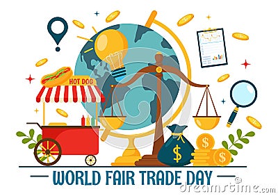 World Fair Trade Day Vector Illustration on 11 May with Gold Coins, Scales and Hammer for Climate Justice and Planet Economic Vector Illustration