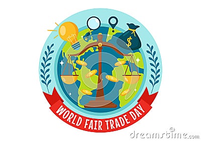 World Fair Trade Day Vector Illustration on 11 May with Gold Coins, Scales and Hammer for Climate Justice and Planet Economic Vector Illustration
