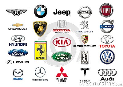 World famous car brands. Isolated on white background. Editorial Stock Photo