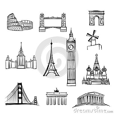 World famous city landmarks Travel locations icon set Sightseeings of London, Rome, Berlin, Athens, Moscow, San Francisco, Paris. Stock Photo
