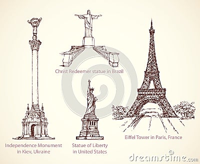 World famous historical monuments. Vector sketch Vector Illustration