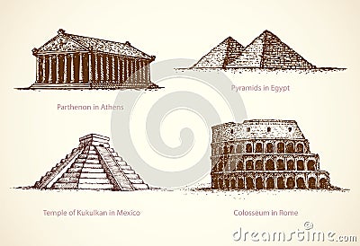 World famous historical monuments. Vector sketch Vector Illustration