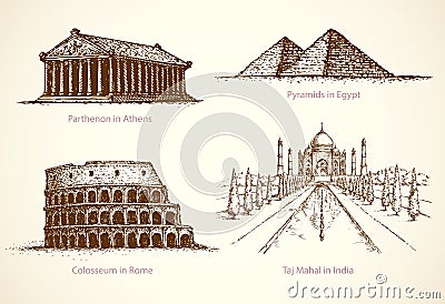 World famous historical monuments. Vector sketch Vector Illustration