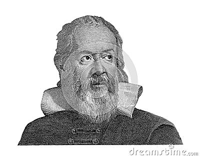 World famous Italian medieval scientist Galileo Galilei isolated on white background. Black and white image Editorial Stock Photo