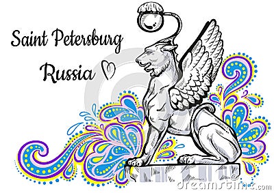 World famous landmark collection. Russia, St. Petersburg. Bank Bridge. Bronze Cats with Golden Wings - Griffins. Vector artwork. Vector Illustration
