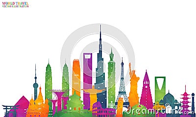 World famous Landmark colorful art. Global Travel And Journey In Vector Illustration