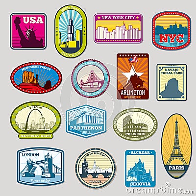 World famous monuments and landmarks vector labels, emblems Vector Illustration