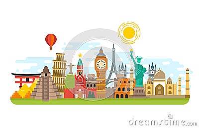World famous travel landmark, international symbols vector tourism concept background Vector Illustration