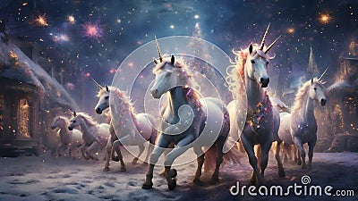 A world of fantasy and magic, where unicorns prance through fields of glittering snow and fairies dance under a sky Stock Photo