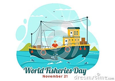 World Fisheries Day Vector Illustration of Fisherman with Fishing Rod on Boat at the Sea to Protecting Aquatic Ecosystems Vector Illustration