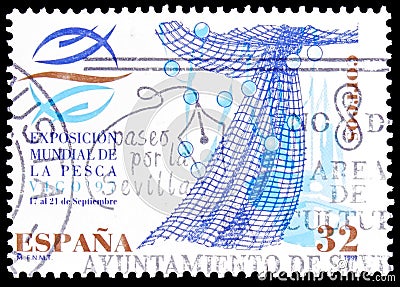 World Fishing Exposition, Vigo, Stamp depicts fishing nets and exposition logo, serie, circa 1997 Editorial Stock Photo