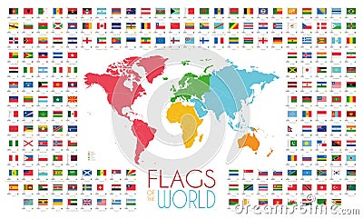 204 world flags with world map by continents vector illustration Vector Illustration