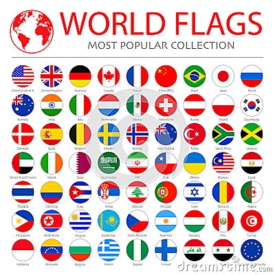 World flags vector collection. 63 high quality clean round icons. Vector Illustration