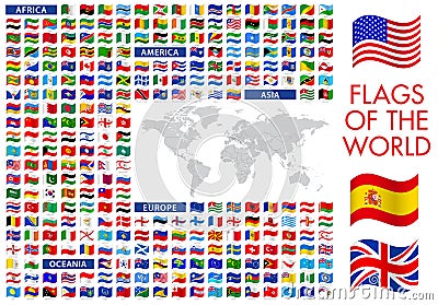 World flags vector icon illustrations with detailed world map Vector Illustration