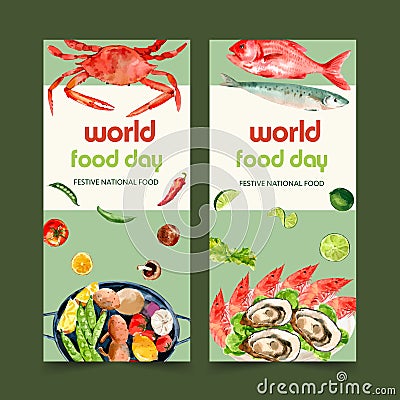 World food day flyer design with salad, seafood watercolor illustration Vector Illustration