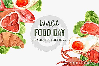 World food day Frame design with fried egg, crab, butterhead, croissant watercolor illustration Cartoon Illustration