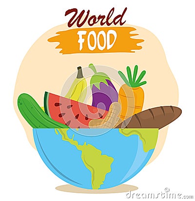 World food day, fruits vegetables bread in bowl, healthy lifestyle meal Vector Illustration