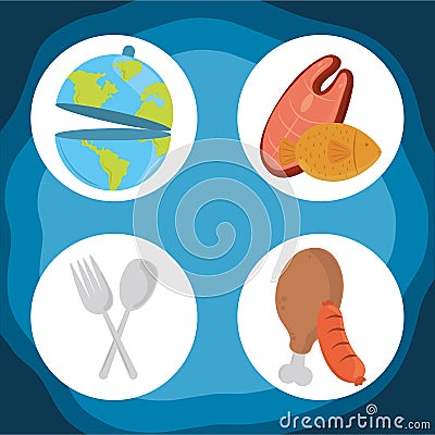 World food day, healthy lifestyle meat chicken sausage fork spoon icons Vector Illustration