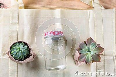 World free of plastic.Green products-bag made from bamboo or reuse, succulent and glass jar on nature wood background. Stock Photo