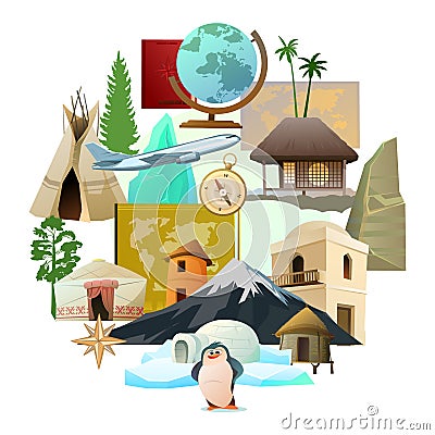 World geography picture in form of circle. Travel items and plants trees of climatic zones. Dwellings of different Vector Illustration