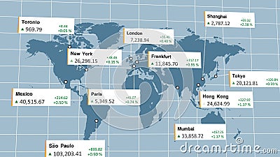 World global stock markets open and close with current index and profit value Stock Photo