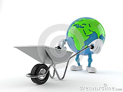 World globe character carrying wheelbarrow Cartoon Illustration