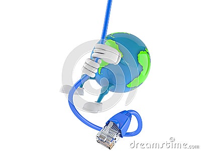 World globe character swinging on network cable Stock Photo