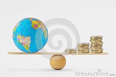 World globe and coins stack on balance scale - Concept of balance between planetary health and economic growth Stock Photo