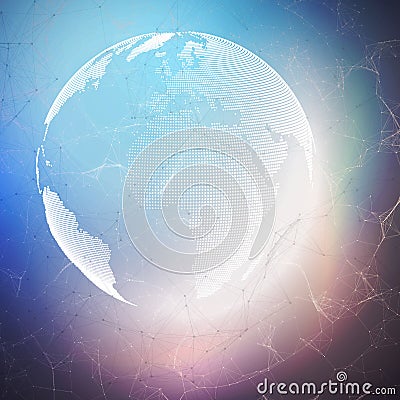 World globe on dark background with connecting lines and dots, polygonal linear texture. Global network connections Vector Illustration