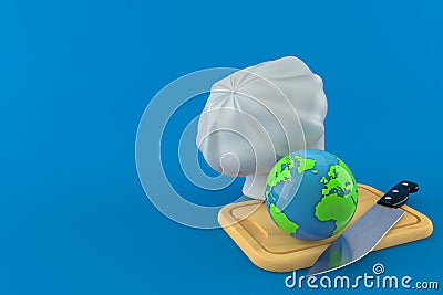 World globe with kitchen board and chef`s hat Cartoon Illustration