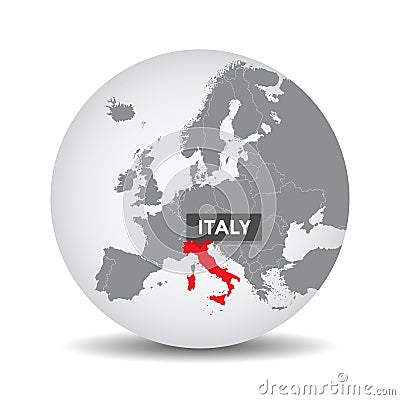 World globe map with the identication of Italy. Vector Illustration