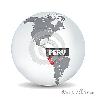 World globe map with the identication of Peru. Map of Peru. Vector Illustration