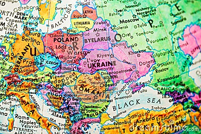 World globe map showing Eastern Europe. Ukraine centre. Stock Photo