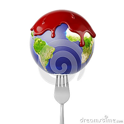 World Globe with Red Fluid on a Fork Stock Photo