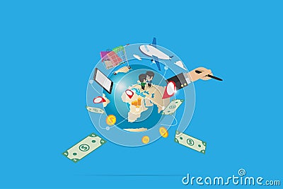 World globe with shopping cart and money, digital online and business concept Vector Illustration