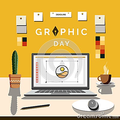 World graphic day, illustrating the atmosphere of a place to design with laptops and other equipment with a boho design theme Vector Illustration