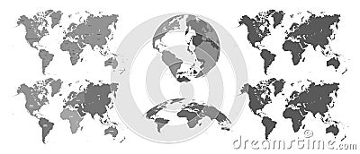 World gray maps. Map atlas, earth topography mapping silhouette vector isolated illustration set Vector Illustration