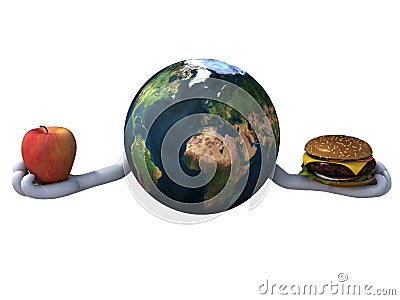 World with hamburger and apple Cartoon Illustration