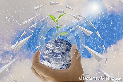 World, in a handful, paper plane, There are trees growing on top, With bright sky as the background Stock Photo