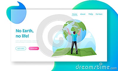 World in Hands Landing Page Template. Male Character Stand on Huge Green Map Holding Earth Globe. Ecology Conservation Vector Illustration