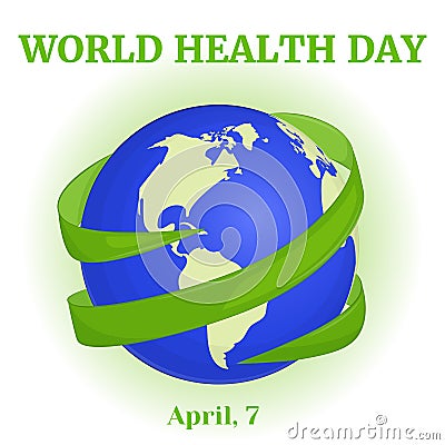 World Health Day background with green ribbon around globe in cartoon style. Vector illustration for you design, card Vector Illustration