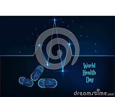 World Health Day banner with glowing low polygonal heartbeat line, pills and text on dark blue. Vector Illustration