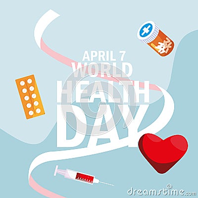 World health day card with bottle medicines and icons Vector Illustration