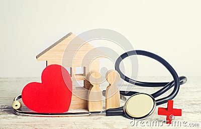 World Health Day, the concept of family medicine and insurance. stethoscope and people and heart Editorial Stock Photo