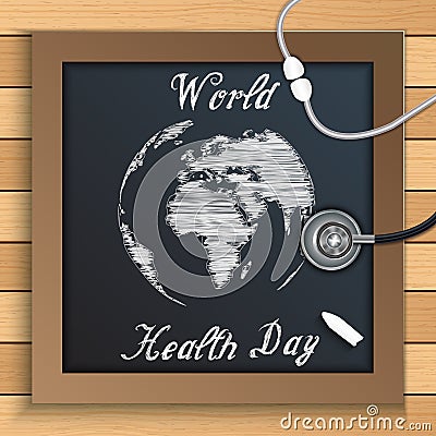 World health day concept with globe on blackboard on wooden table Vector Illustration