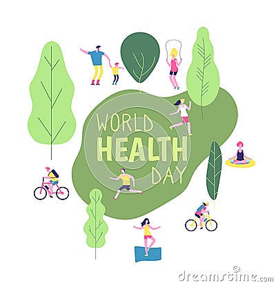 World health day concept. Healthy lifestyle man woman fitness diet fun runner healthcare vector background Vector Illustration