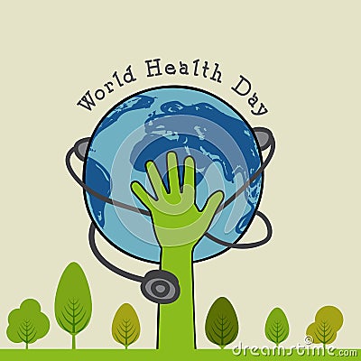 World Health Day concept with human hand, globe and stethoscope. Stock Photo